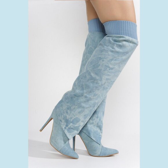 Kiki Blue Light Wash Denim OTK High Heel Skirted Boots - Picture 1 of 7